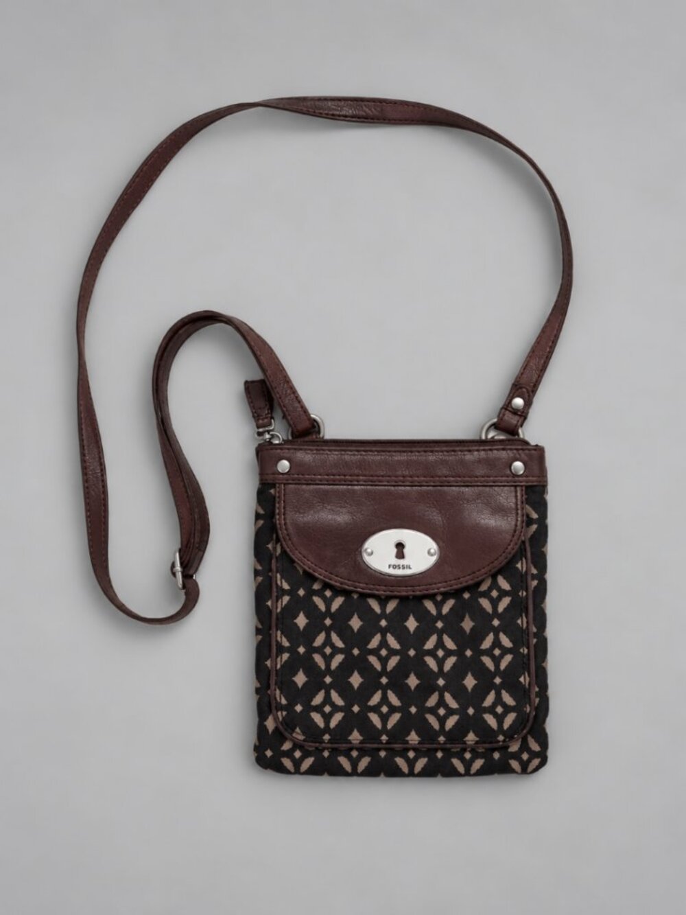 Fossil Brown Leather Tapestry Crossbody Bag Geometric Print Small Purse